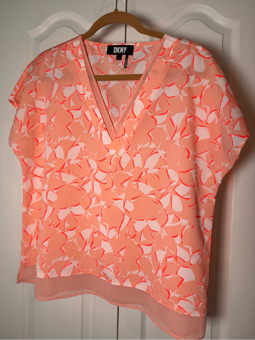 DKNY Coral Peach Floral V-Neck Blouse